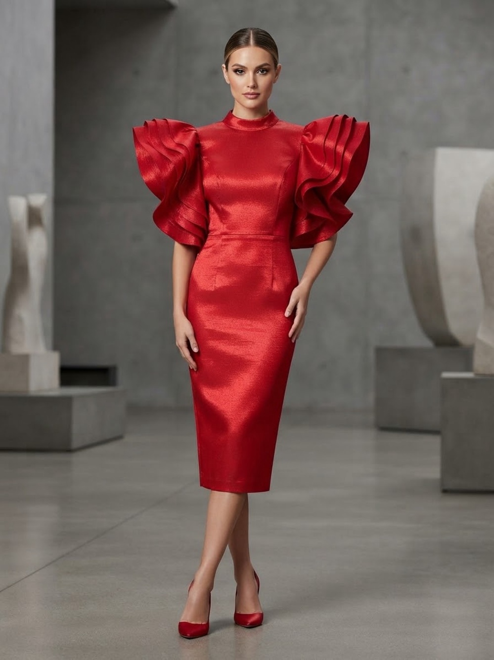 Red Satin Midi Dress with Sculpted Puff Sleeves
